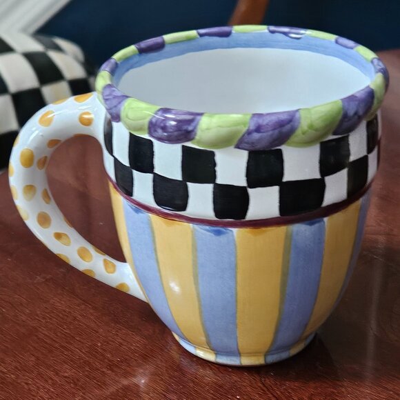 MACKENZIE CHILDS PICCADILLY COURTLY CHECK CERAMIC AURORA COFFEE TEA MUG CUP - Picture 3 of 8